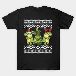 Christmas Three Alligator Crocodile Gift Lights Santa Hat T-Shirt